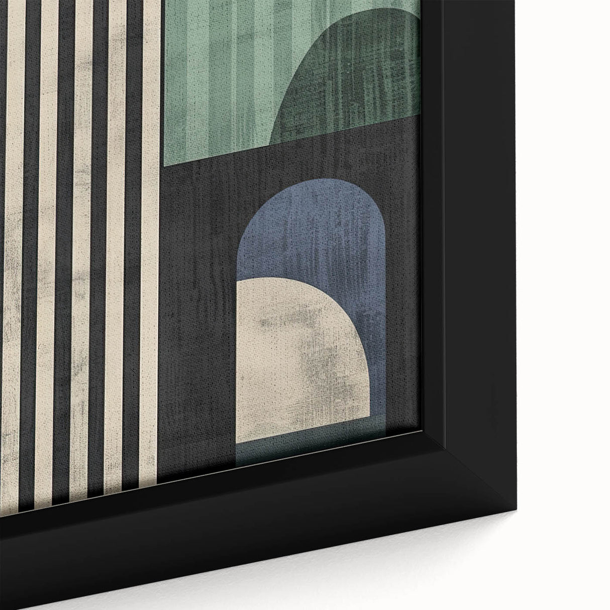 Abstract minimalist wall art featuring a close-up of vibrant geometric shapes in shades of blue and orange, framed elegantly to enhance modern decor aesthetics.