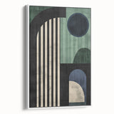 Abstract minimalist wall art framed in a sleek, white frame, showcasing soft color gradients and geometric shapes, ideal for modern decor.