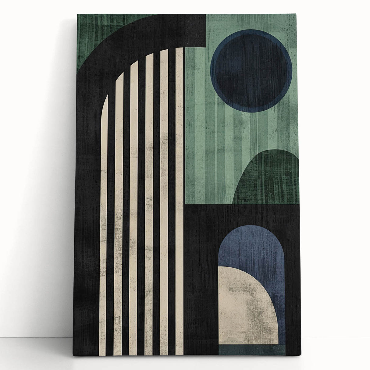Abstract minimalist wall art on stretched canvas, featuring soft pastel colors and geometric shapes, elegantly leaning against a textured wall for a modern decor aesthetic.