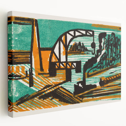 Expressionist Art - River Landscape with Crane and Barges by Ernst Ludwig Kirchner