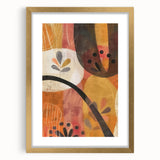 Extra large abstract art print with textured patterns in warm autumn colors, framed in gold, ideal for living room decor.