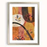 Textured abstract art print in warm autumn hues on a silver-framed canvas, suitable for bedroom wall decor.