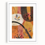 Abstract art print depicting autumnal colors in a white frame, suitable for dining room or bedroom decor.