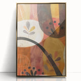 Large art print of a mid-century modernist autumn scene in warm gold tones, framed in acrylic.