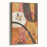 Framed canvas featuring a vintage poster-style landscape painting with fall scenery in gold and black tones.