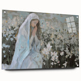 Abstract figurative acrylic artwork displayed in a glass frame, featuring vibrant colors and intricate pin details, perfect for modern home decor.