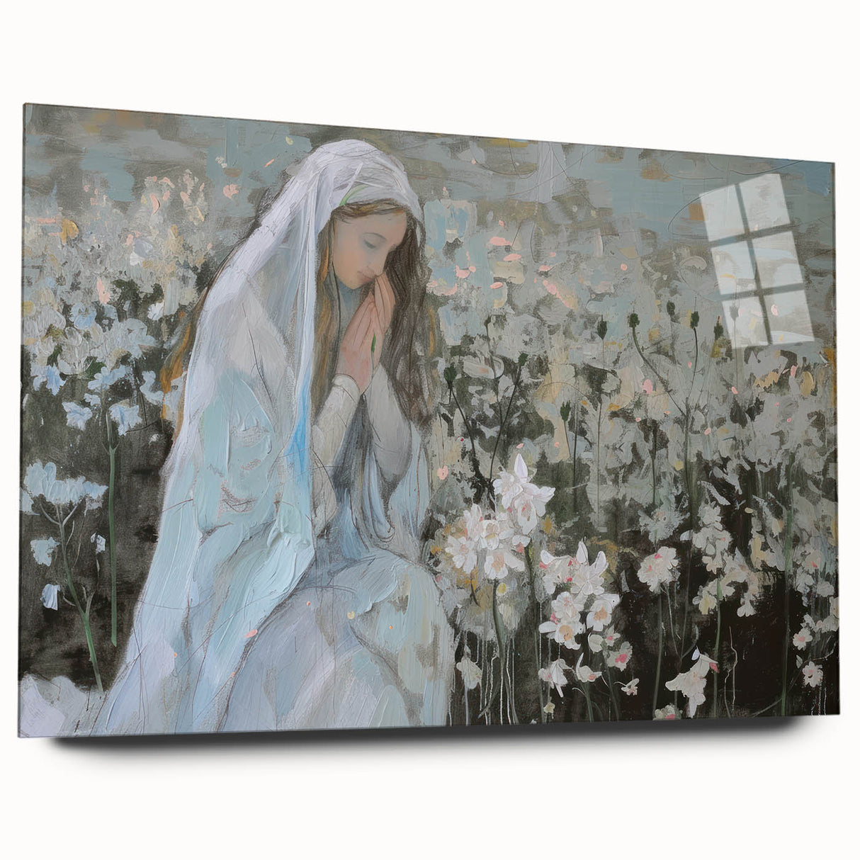 Abstract figurative acrylic artwork displayed in a glass frame, showcasing vibrant colors and dynamic forms, ideal for modern interior decor.