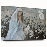 Abstract figurative acrylic artwork displayed in a glass frame, showcasing vibrant colors and dynamic forms, ideal for modern interior decor.