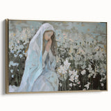 Abstract figurative wall art in a gold frame, showcasing vibrant colors and dynamic shapes, ideal for modern home decor and artistic interiors. The side view highlights the frame's elegance and complements contemporary design themes.