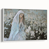 Framed abstract figurative canvas artwork in white, showcasing vibrant colors and dynamic shapes, perfect for modern home decor or artistic spaces.