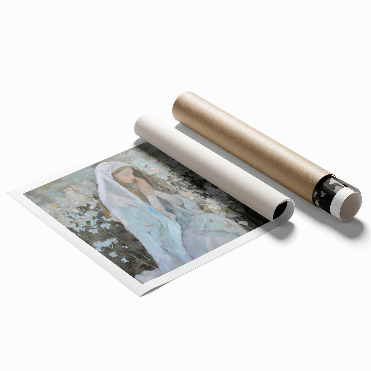Abstract figurative art print showcasing vibrant colors and dynamic shapes, elegantly rolled and ready for display, perfect for modern home decor.