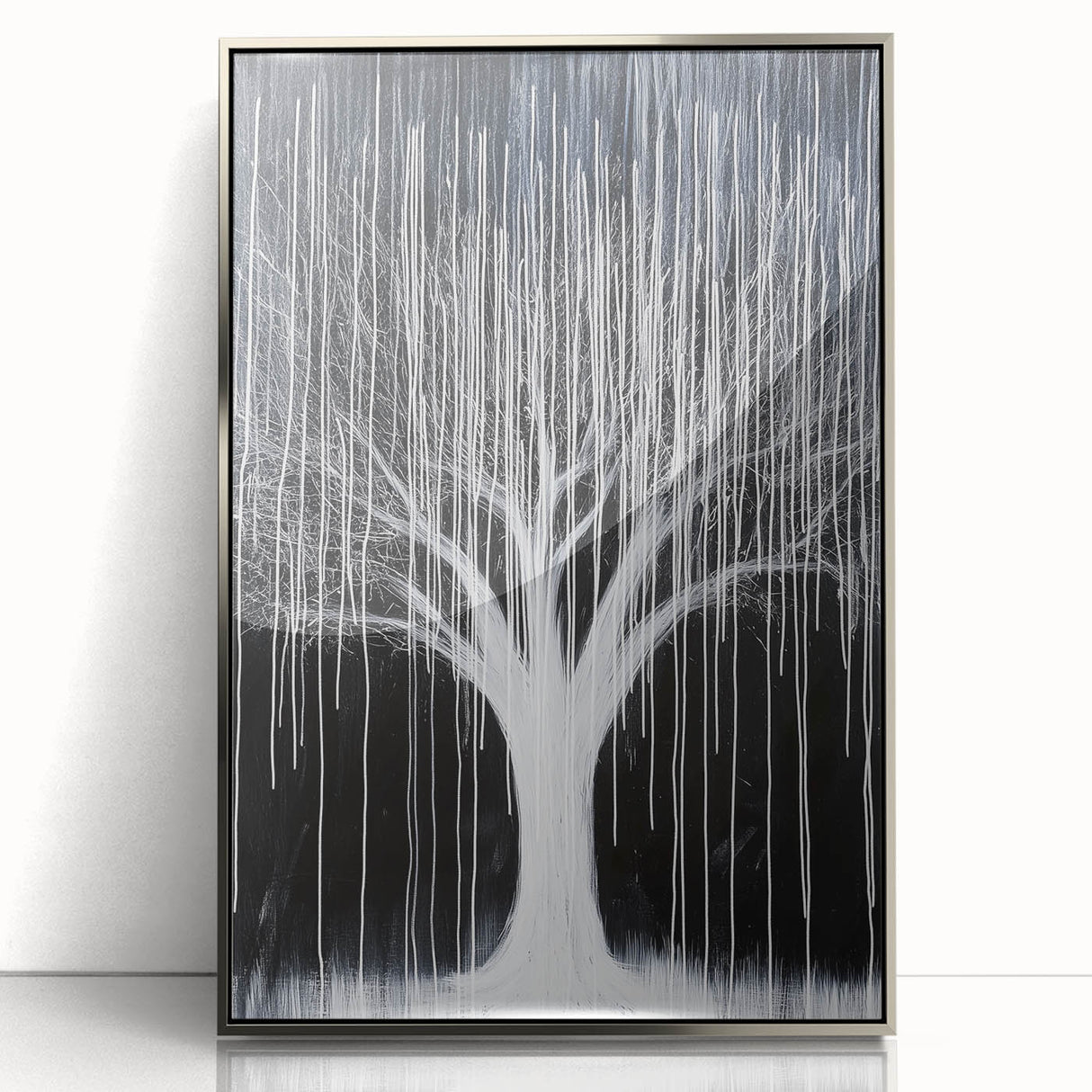 Abstract floral design in a silver-framed acrylic display, showcasing vibrant colors and intricate patterns, perfect for modern home decor enhancement.