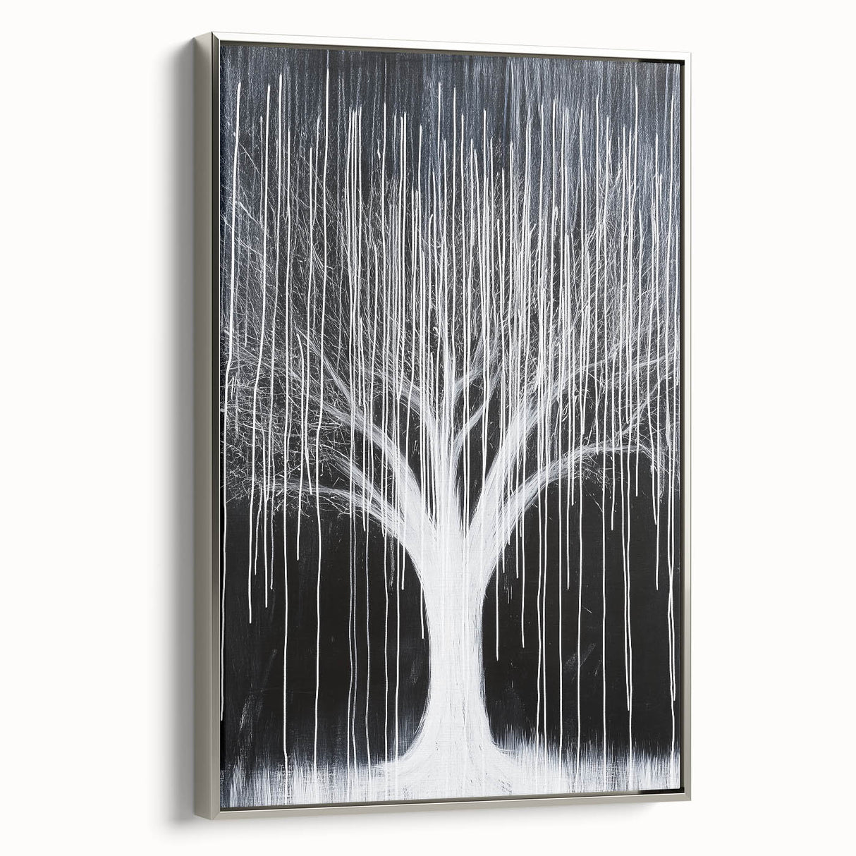 Framed canvas artwork featuring an abstract floral design with vibrant colors, set in a sleek silver frame, ideal for modern home decor.