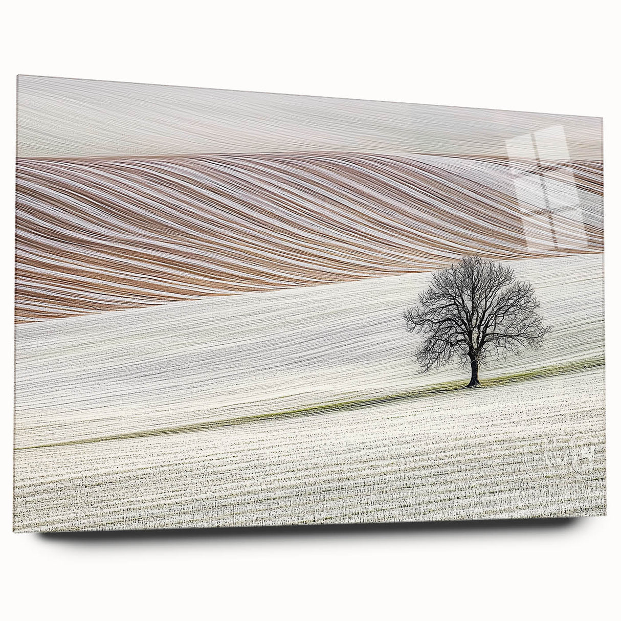 Abstract landscape acrylic artwork displayed in a sleek glass frame, showcasing vibrant colors and fluid shapes, perfect for modern home decor.