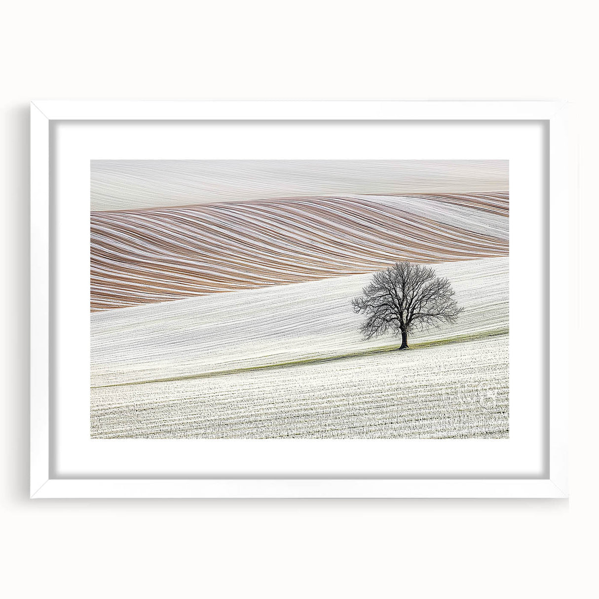 Abstract landscape artwork framed in a sleek white mat, showcasing vibrant colors and intricate patterns, ideal for modern home decor or office settings.