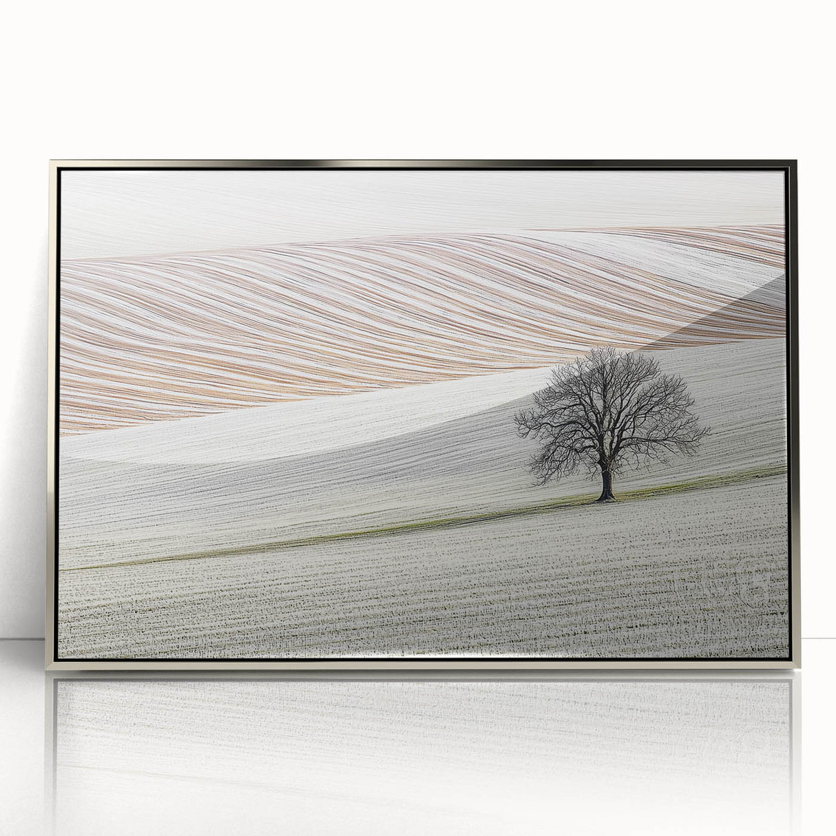 Framed acrylic artwork depicting an abstract landscape in silver tones, showcasing fluid shapes and modern design elements, perfect for contemporary decor.