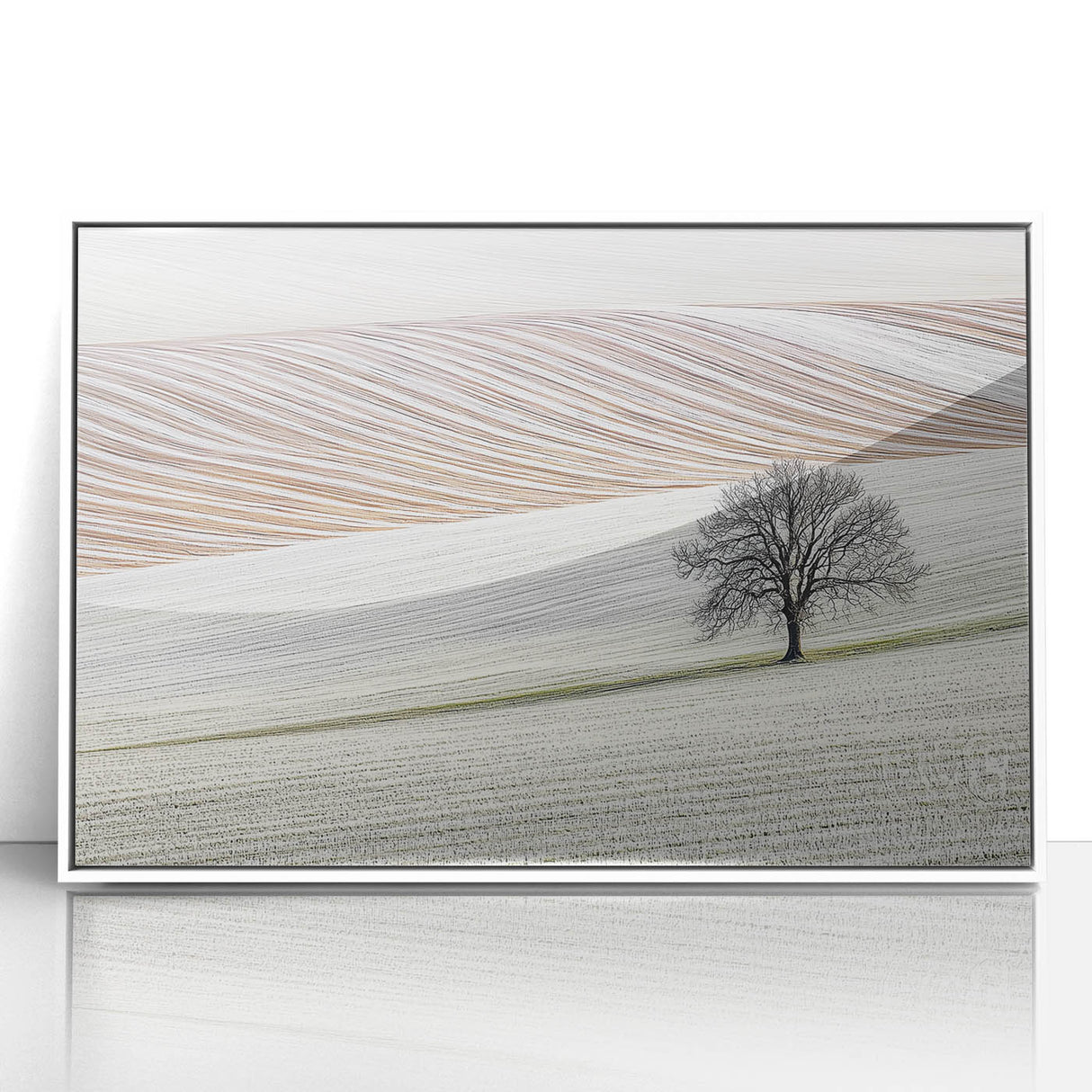 Framed acrylic artwork depicting an abstract landscape in soothing white and blue tones, designed to enhance modern decor with a contemporary artistic touch.