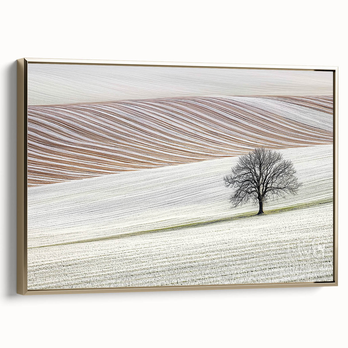 Abstract landscape framed canvas artwork showcasing a golden hue, set against a textured backdrop. This elegant piece enhances modern decor with its vibrant color palette and abstract design, perfect for living spaces or galleries.