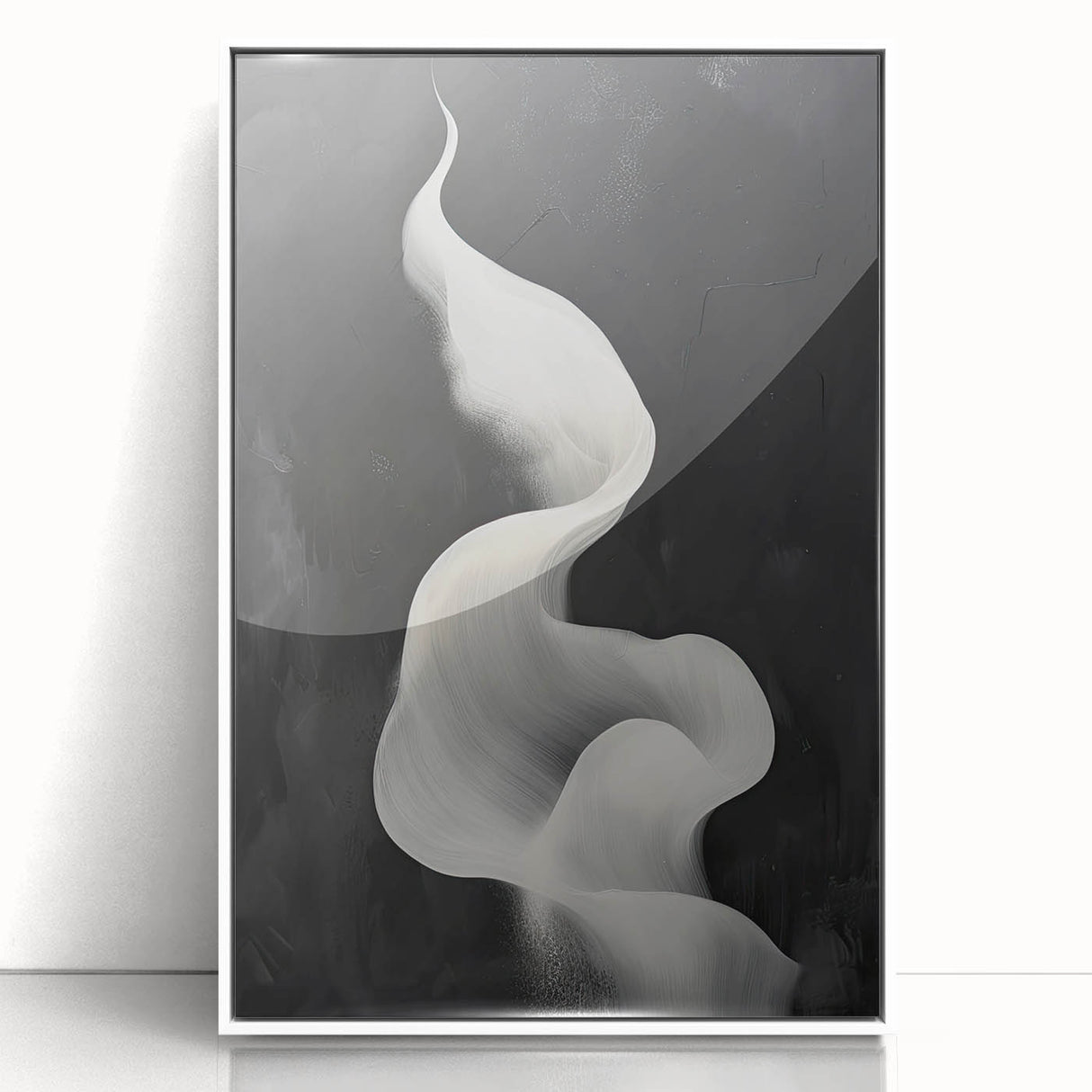 Abstract minimalist wall art framed in acrylic, featuring soft white tones and geometric shapes, ideal for modern decor and enhancing interior aesthetics.