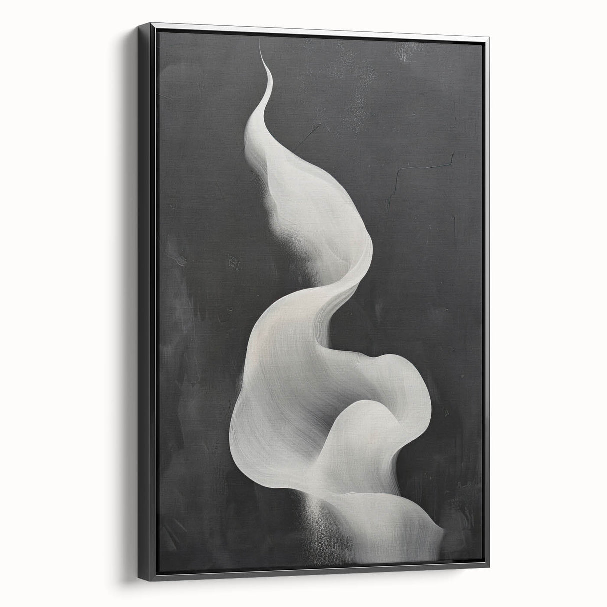 Framed minimalist wall art featuring an abstract black design on canvas, showcasing a sleek side view that highlights its modern aesthetic, perfect for contemporary decor.