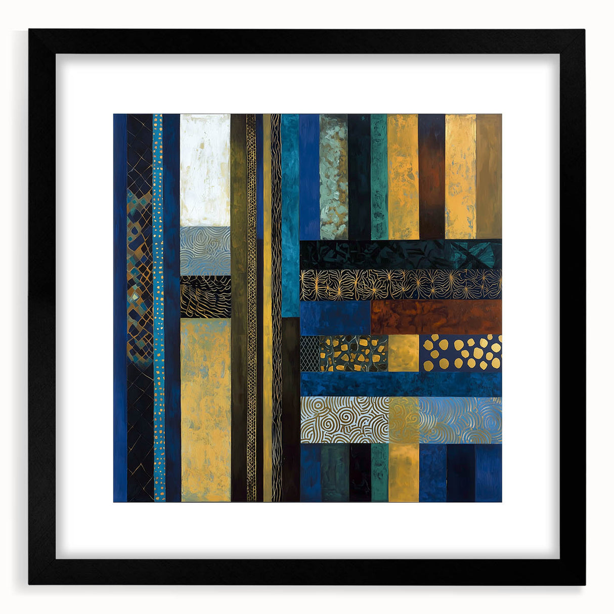 Modern Abstract Wall Art – Royal Blue, Gold & Patterned Canvas