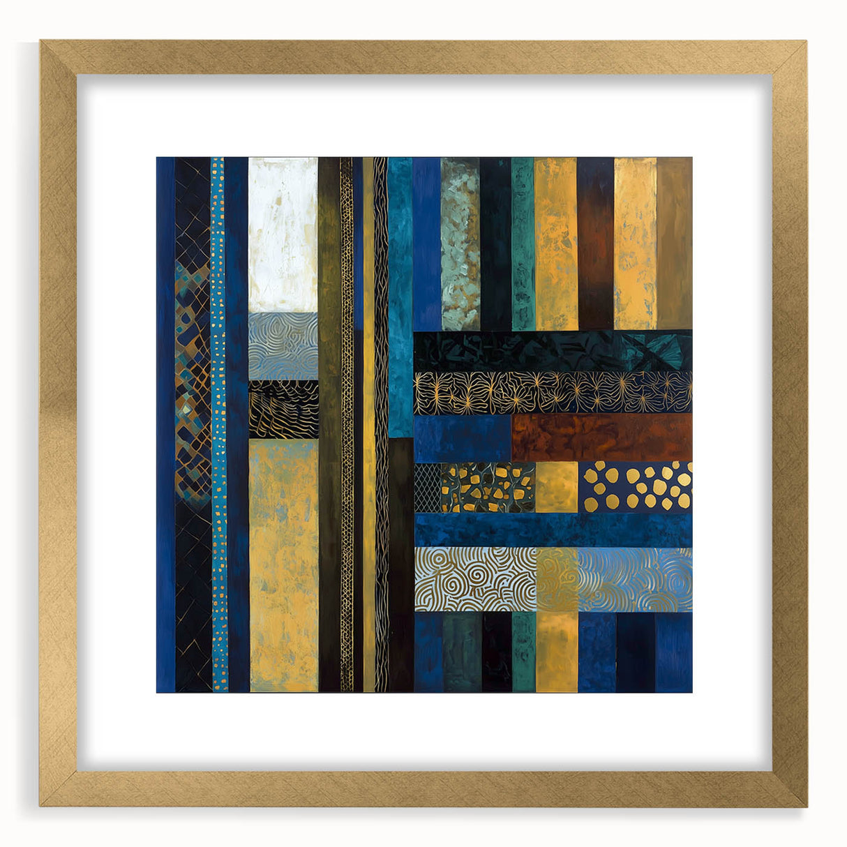 Modern Abstract Wall Art – Royal Blue, Gold & Patterned Canvas