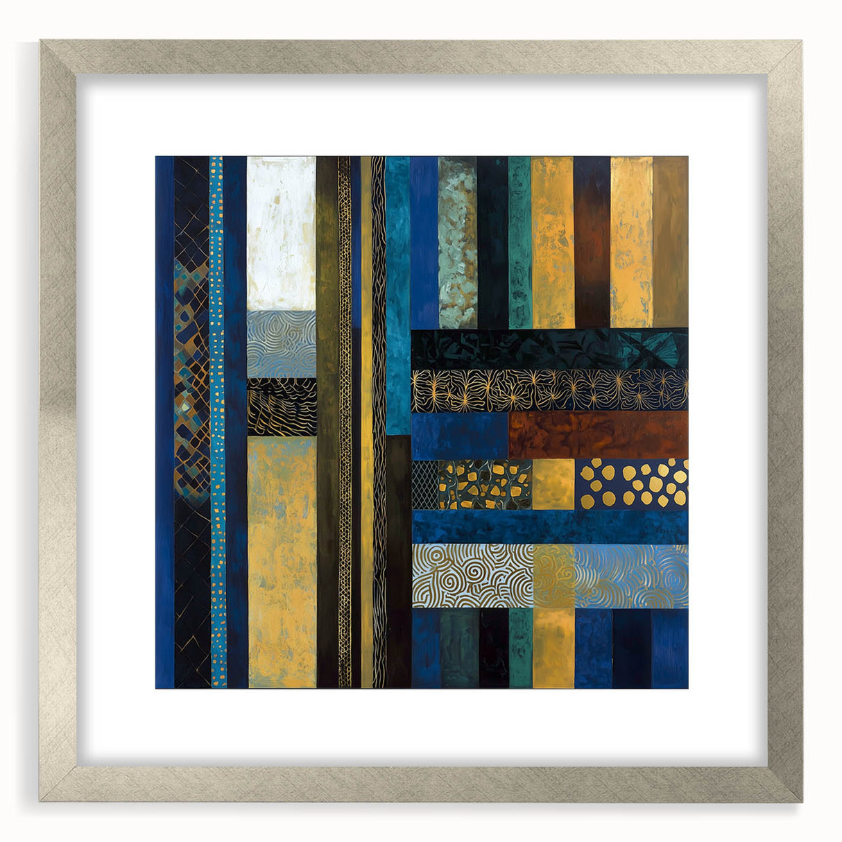 Modern Abstract Wall Art – Royal Blue, Gold & Patterned Canvas