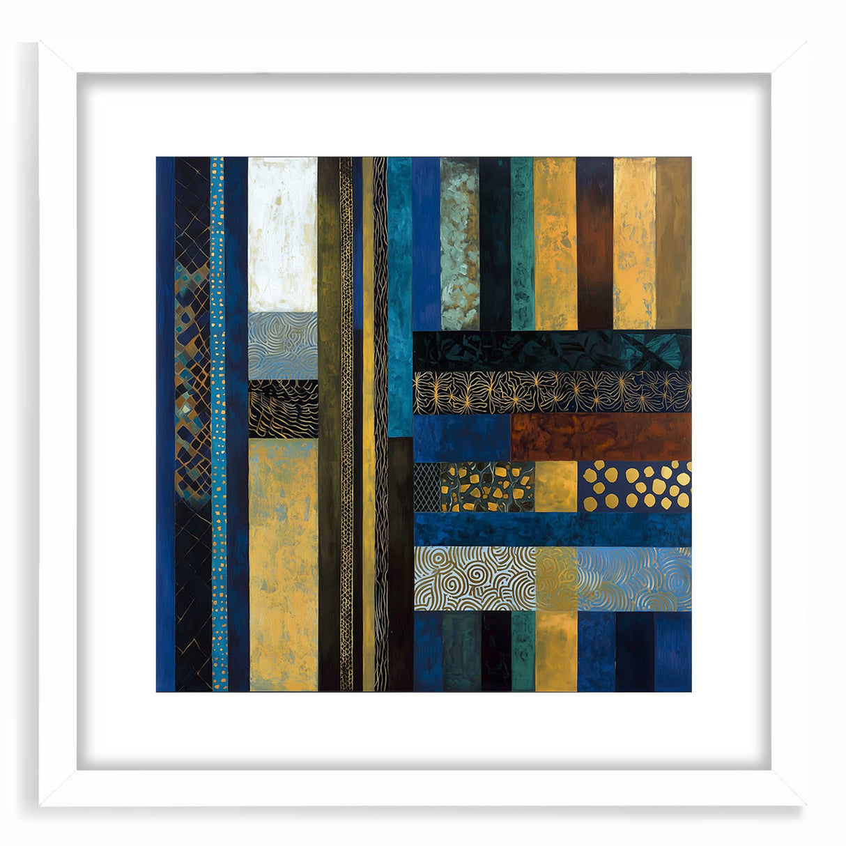 Modern Abstract Wall Art – Royal Blue, Gold & Patterned Canvas