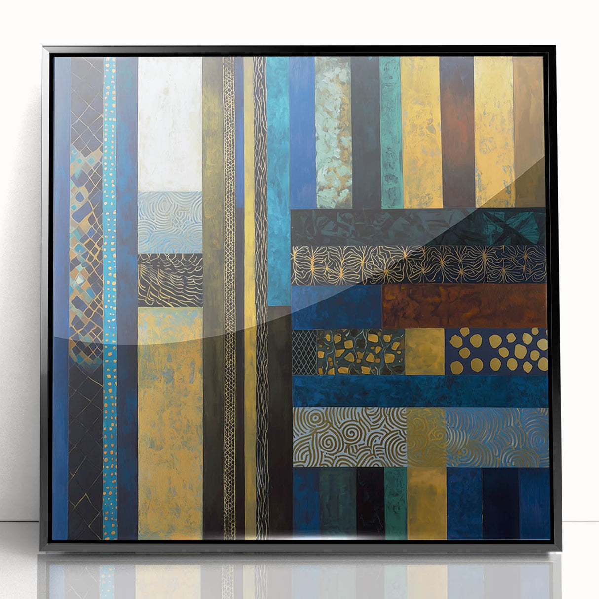 Modern Abstract Wall Art – Royal Blue, Gold & Patterned Canvas