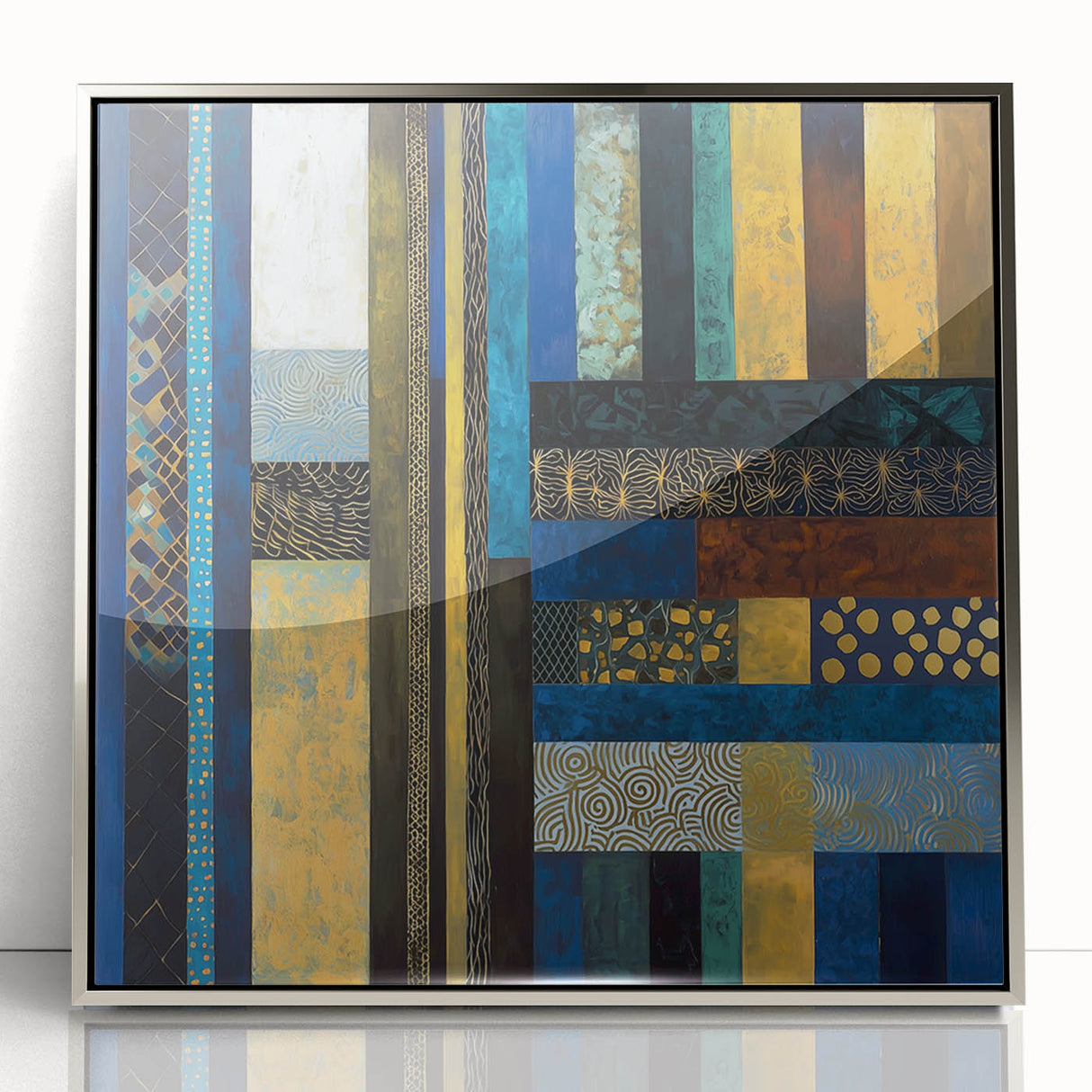 Modern Abstract Wall Art – Royal Blue, Gold & Patterned Canvas