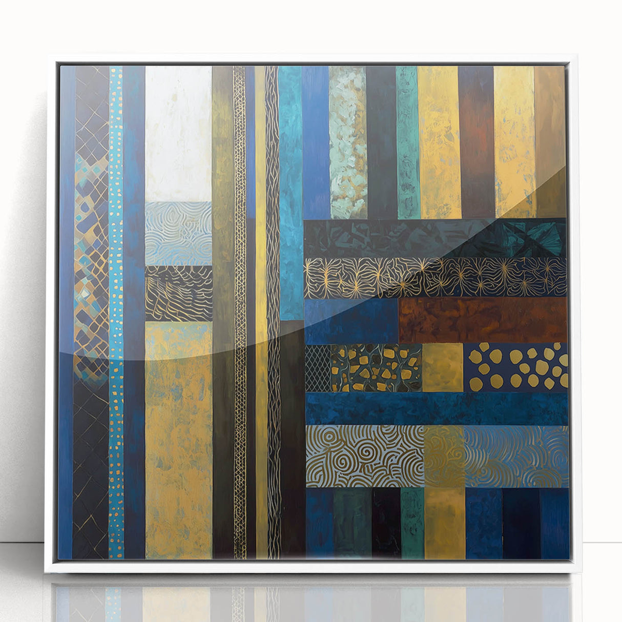 Modern Abstract Wall Art – Royal Blue, Gold & Patterned Canvas