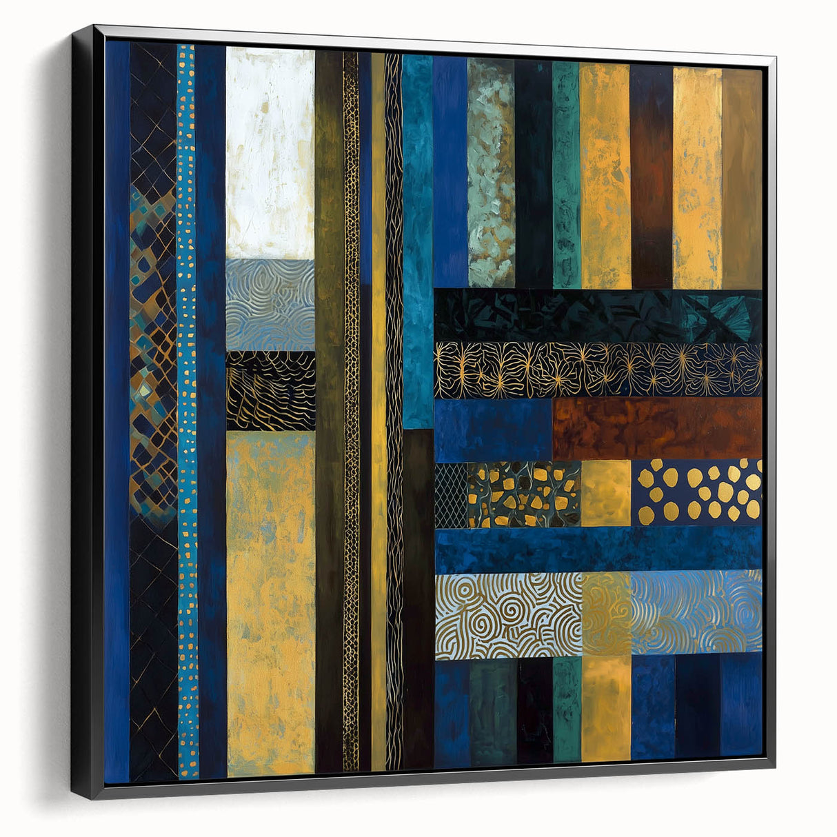 Modern Abstract Wall Art – Royal Blue, Gold & Patterned Canvas
