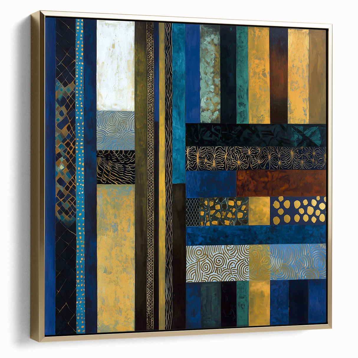 Modern Abstract Wall Art – Royal Blue, Gold & Patterned Canvas