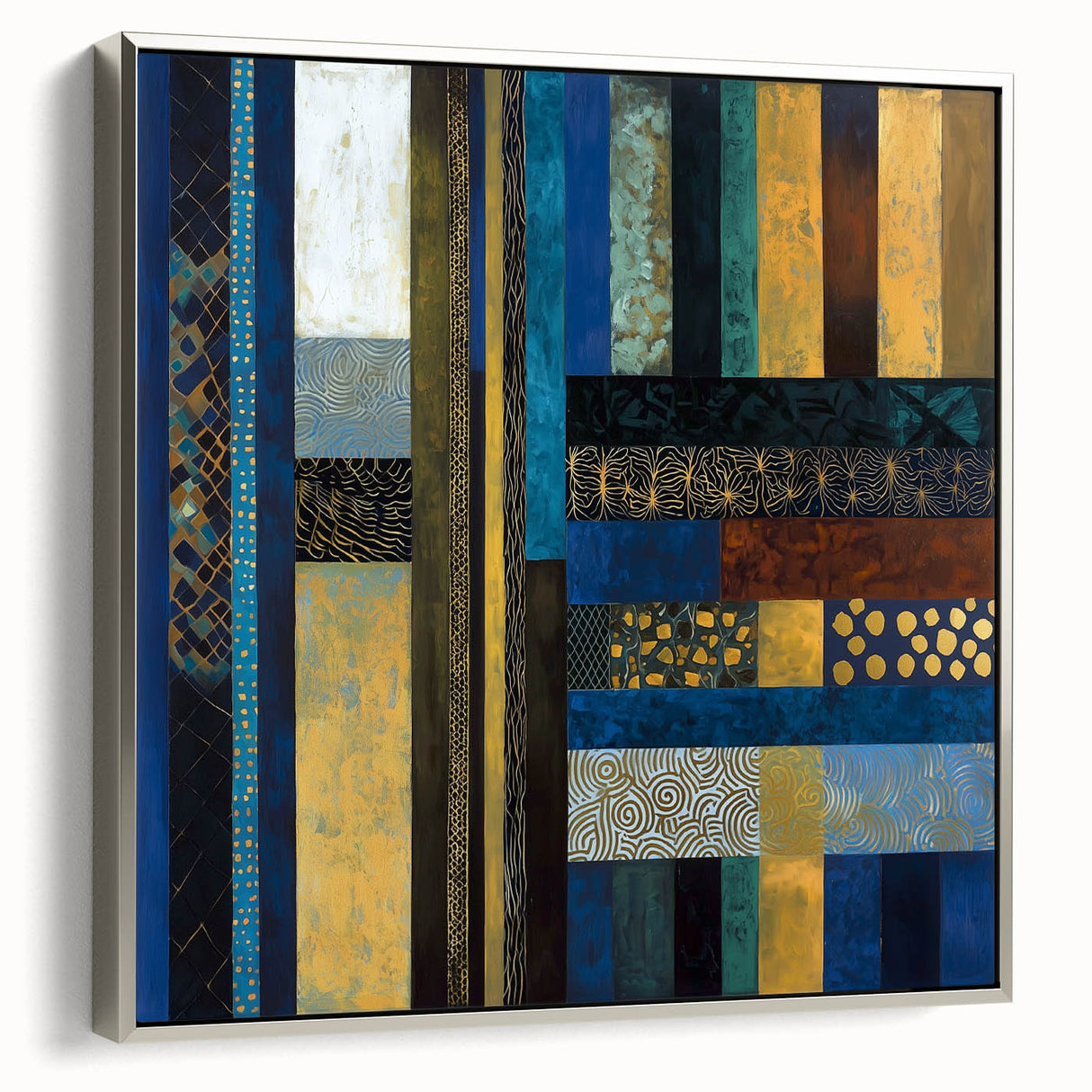 Modern Abstract Wall Art – Royal Blue, Gold & Patterned Canvas
