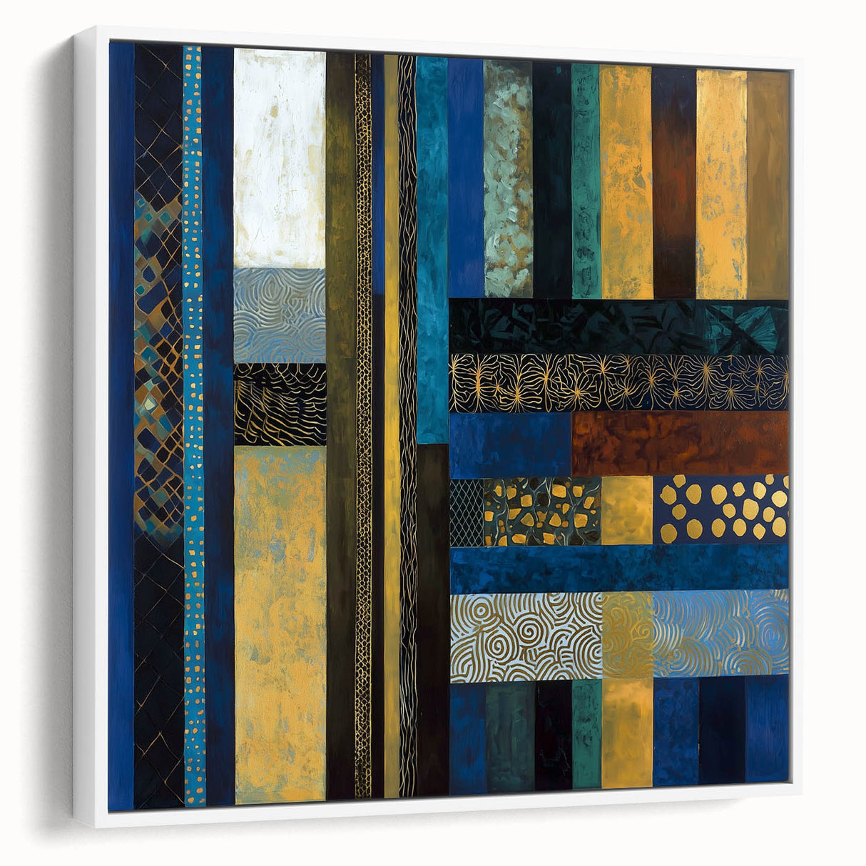 Modern Abstract Wall Art – Royal Blue, Gold & Patterned Canvas