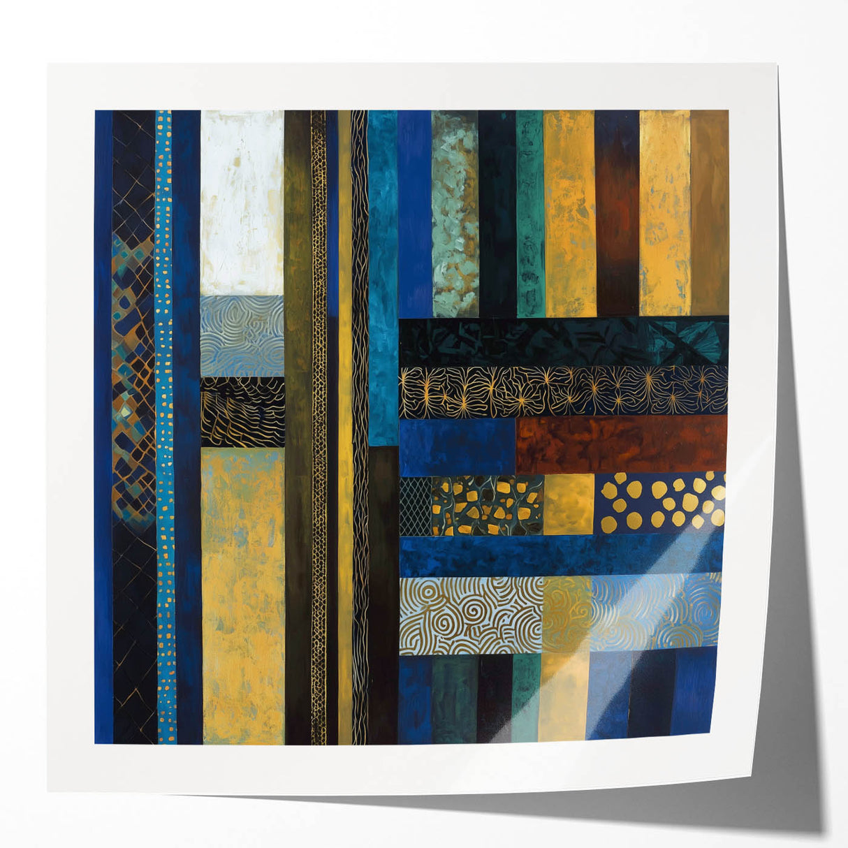 Modern Abstract Wall Art – Royal Blue, Gold & Patterned Canvas