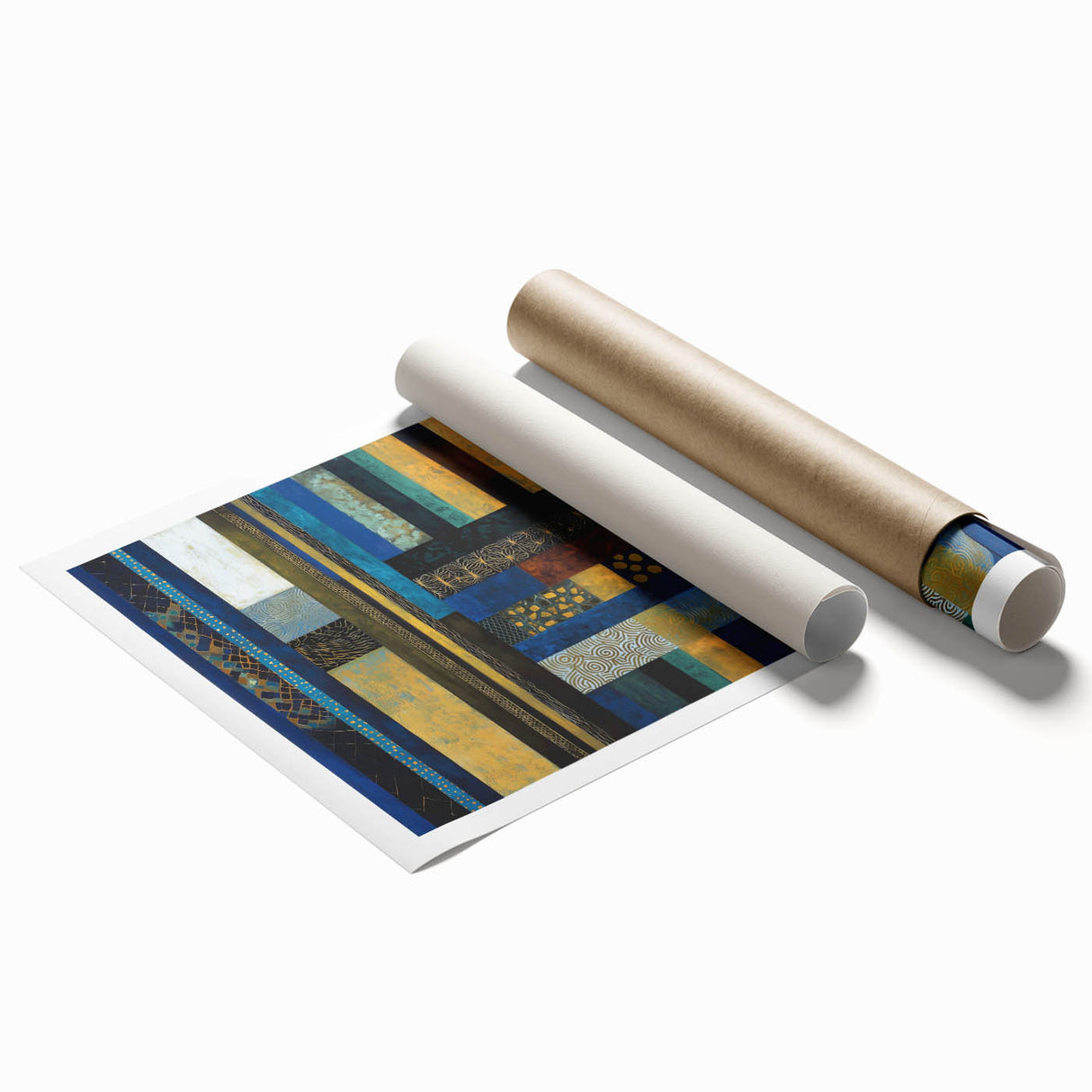 Modern Abstract Wall Art – Royal Blue, Gold & Patterned Canvas