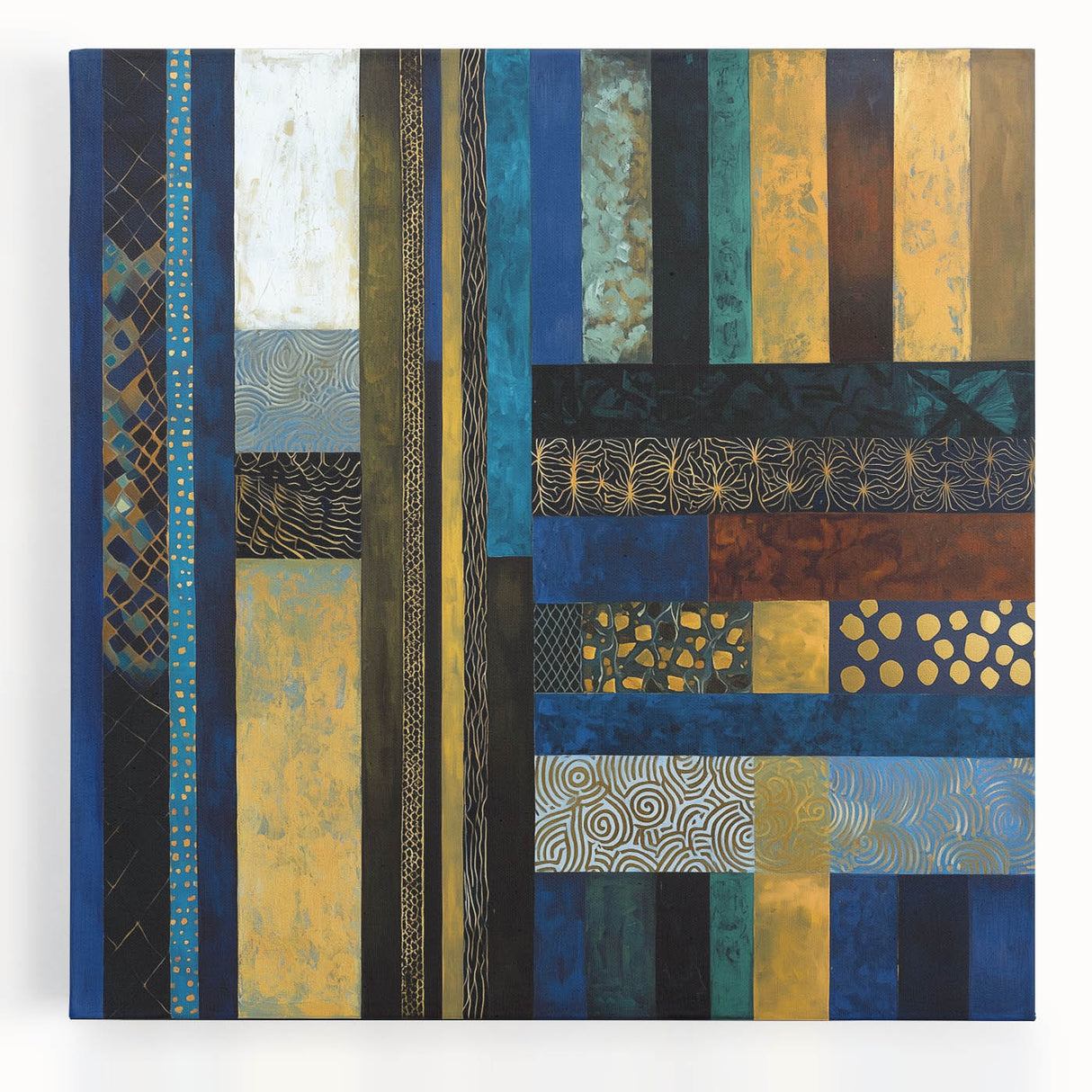 Modern Abstract Wall Art – Royal Blue, Gold & Patterned Canvas