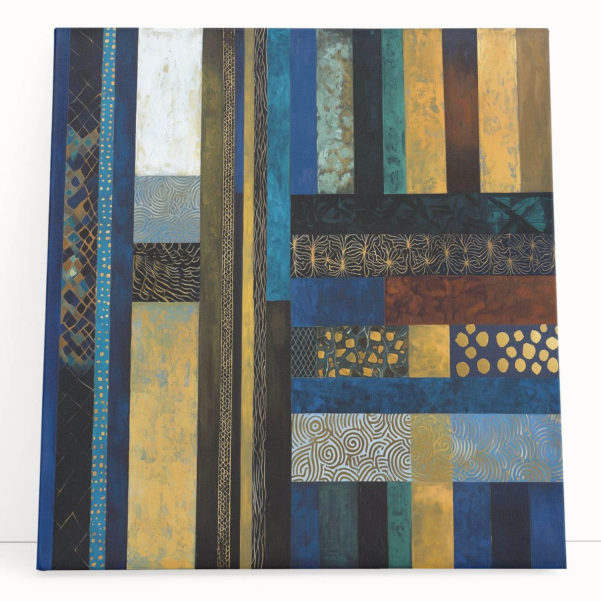 Modern Abstract Wall Art – Royal Blue, Gold & Patterned Canvas
