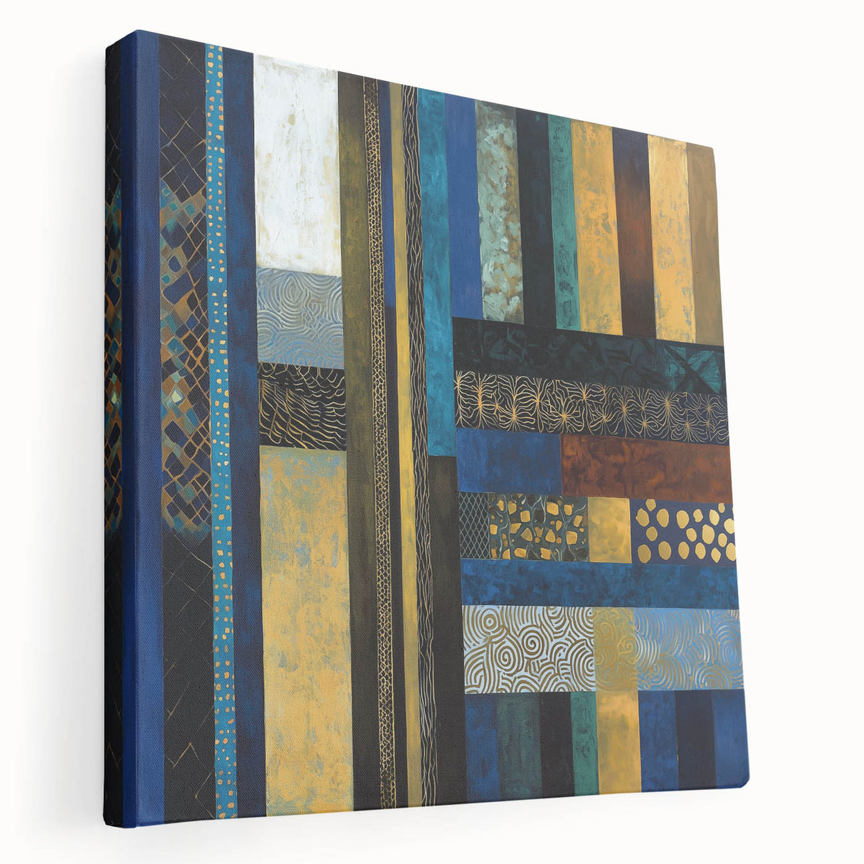 Modern Abstract Wall Art – Royal Blue, Gold & Patterned Canvas