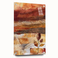 Large abstract wall art depicting fall scenery in orange and brown tones on acrylic glass.