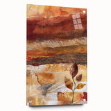 Large abstract wall art depicting fall scenery in orange and brown tones on acrylic glass.