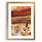 Extra large abstract art print featuring textured fall foliage in earth tones, framed in gold, ideal for living room decor.