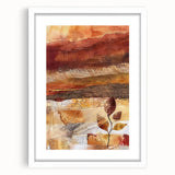 Abstract art print featuring swirling orange and yellow patterns on a white framed canvas, ideal for dining room decor.