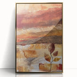 Large art print of a mid-century modernist autumn scene in warm gold tones on framed acrylic, suitable for modern decor.