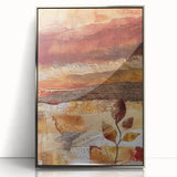 Mid-century modernist art depicting abstract fall scenery in warm orange and brown tones on a silver-framed acrylic print.