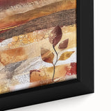 Framed canvas featuring a textured fall scene with a black background and colorful leaves, ideal for living room decor.