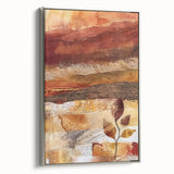 Framed canvas featuring a vintage landscape painting of autumn trees in vibrant orange and red tones.