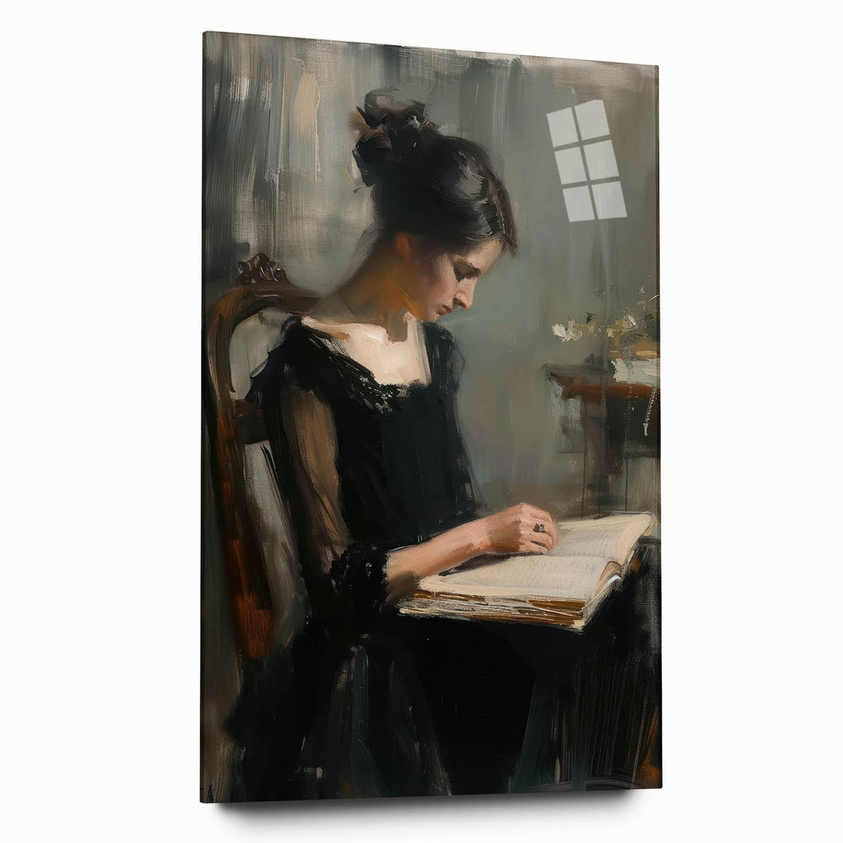 Abstract figurative acrylic painting displayed on glass, showcasing vibrant colors and dynamic shapes, ideal for modern home decor and artistic settings.
