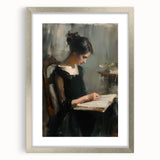 Abstract figurative artwork framed in silver with a mat, showcasing a modern design perfect for contemporary home decor. This front view highlights its elegant lines and textures.